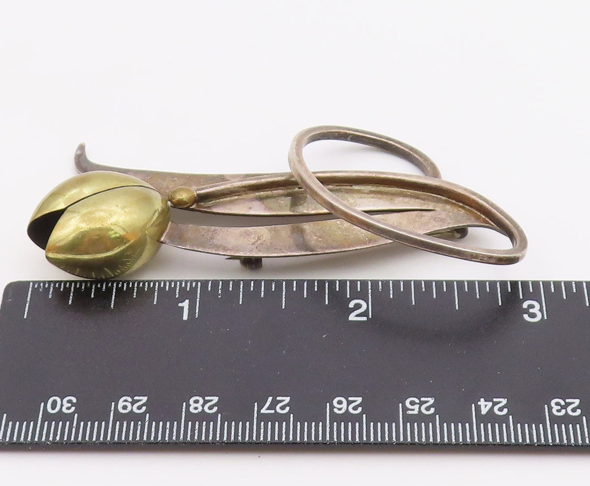 MEXICO 925 Sterling Silver  Vintage Two Tone Flower Motif Brooch Pin  BP8077