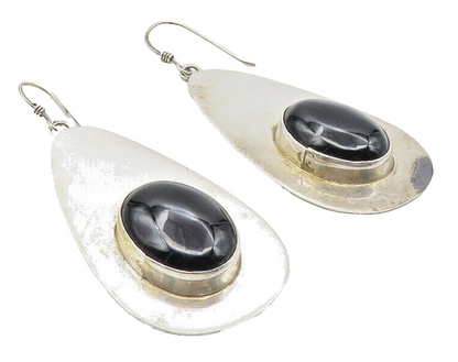 EL NAVAJO 925 Silver  Vintage Cabochon Cut Black Onyx Dangle Earrings  EG5127