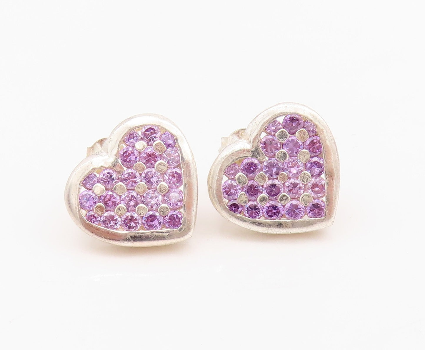 925 Sterling Silver Vintage Earrings Round Cut Amethyst Love Heart  EG13640
