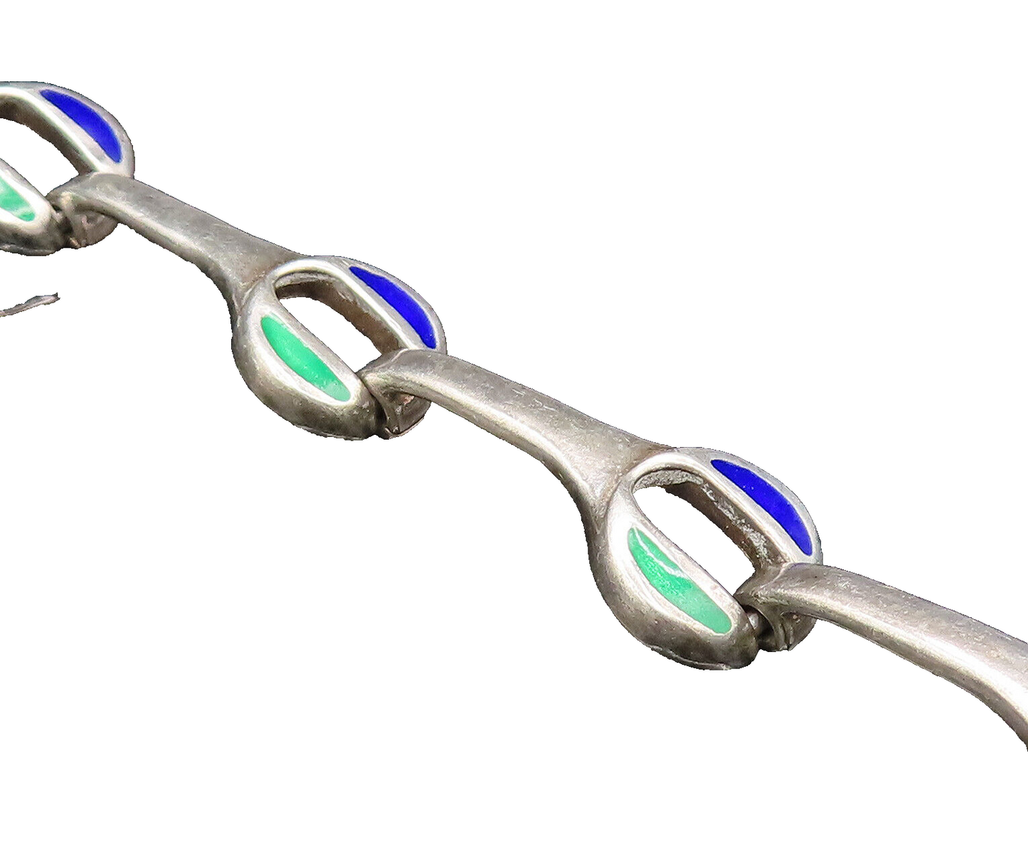 925 Sterling Silver  Vintage Green & Blue Enamel Wrench Link Bracelet  BT9708