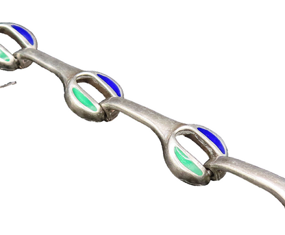 925 Sterling Silver  Vintage Green & Blue Enamel Wrench Link Bracelet  BT9708