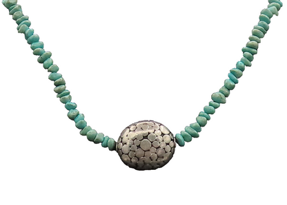 925 Sterling Silver  Vintage Turquoise Pebble Chain Pendent Necklace  NE4177