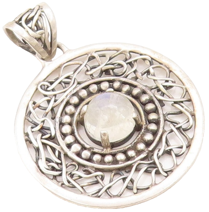 925 Sterling Silver Vintage Pendant Dark Tone Brutalist Cutout Moonstone PT23852
