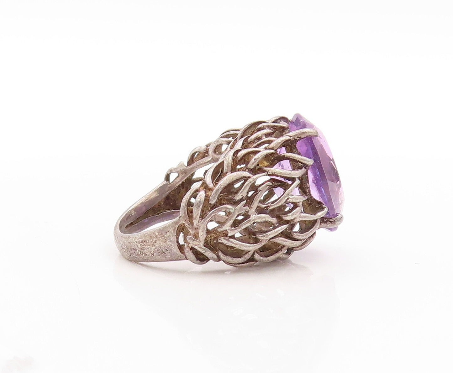 925 Sterling Silver Vintage Ring Dark Tone Brutalist Woven Amethyst Sz 5 RG31425