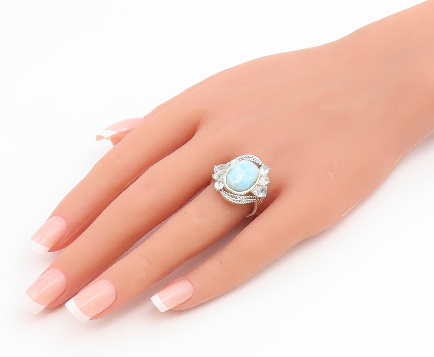925 Sterling Silver Vintage Ring Larimar & Aquamarine Feather Band Sz 8 RG36758