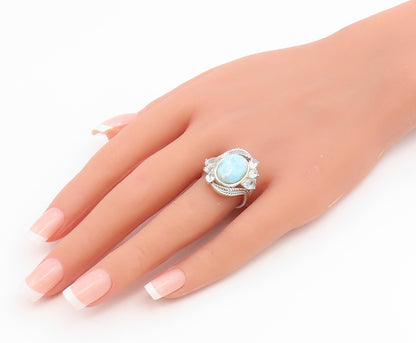 925 Sterling Silver Vintage Ring Larimar & Aquamarine Feather Band Sz 8 RG36758