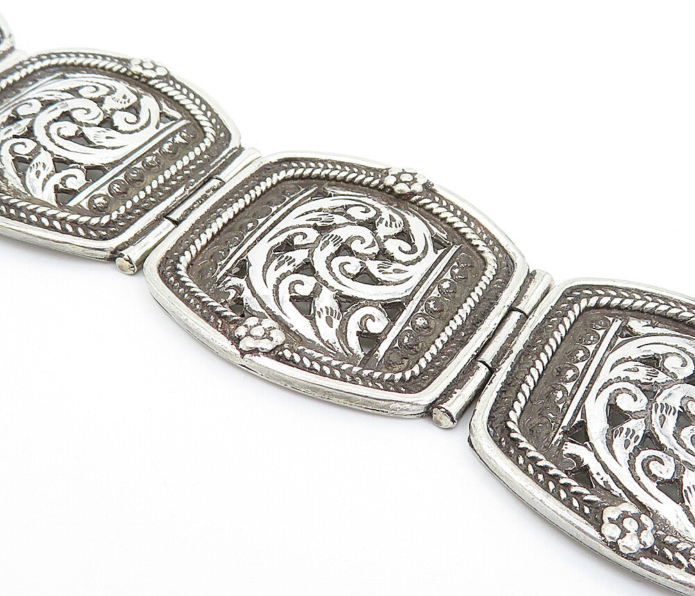 925 Sterling Silver  Vintage Antique Floral Swirl Wheat Chain Bracelet  BT2908