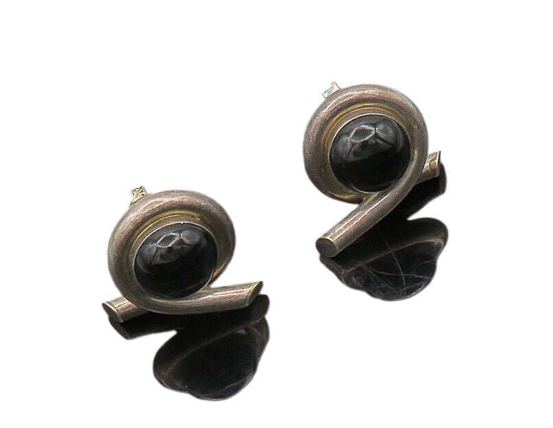 925 Silver & 14K GOLD  Vintage Cabochon Black Onyx Drop Earrings  EG9675