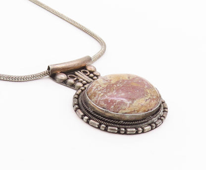 925 Sterling Silver Vintage Necklace Antique Beaded Oval Gemstone NE4590
