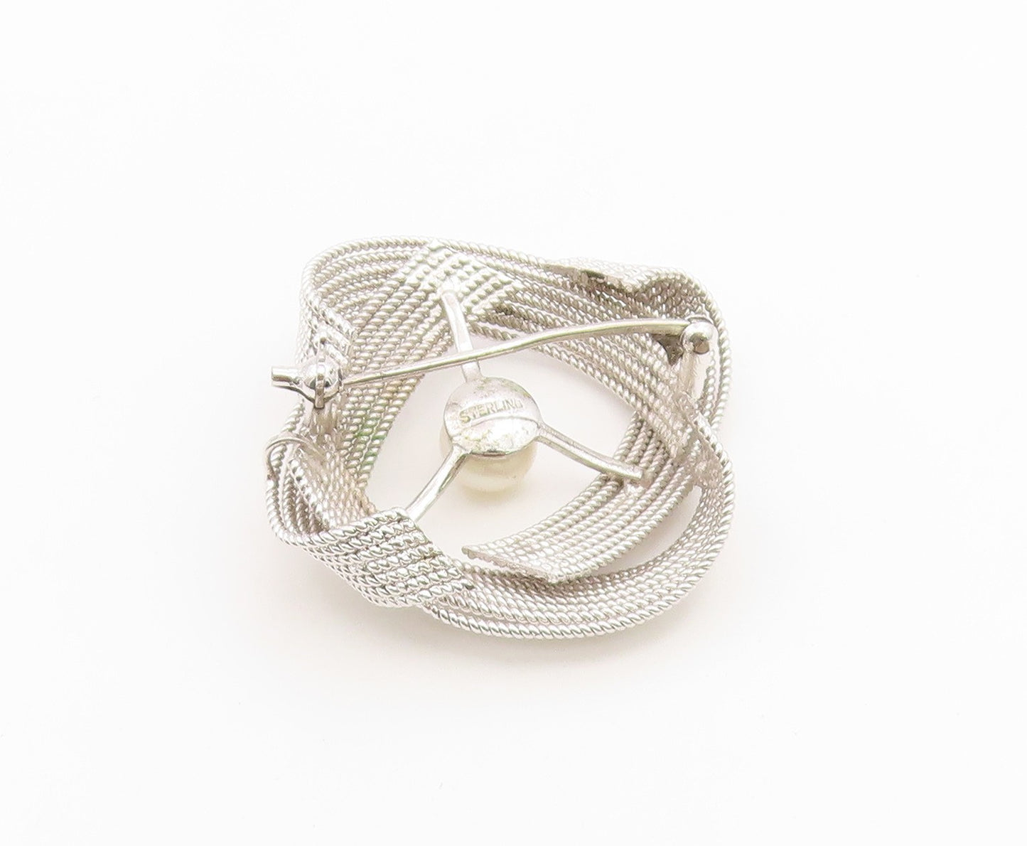 925 Sterling Silver Vintage Brooch Pin Pearl Textured Mesh Wire Swirl  BP12648