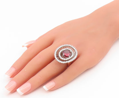 925 Sterling Silver Vintage Ring Red & White CZ Statement Band  Sz 9  RG35199