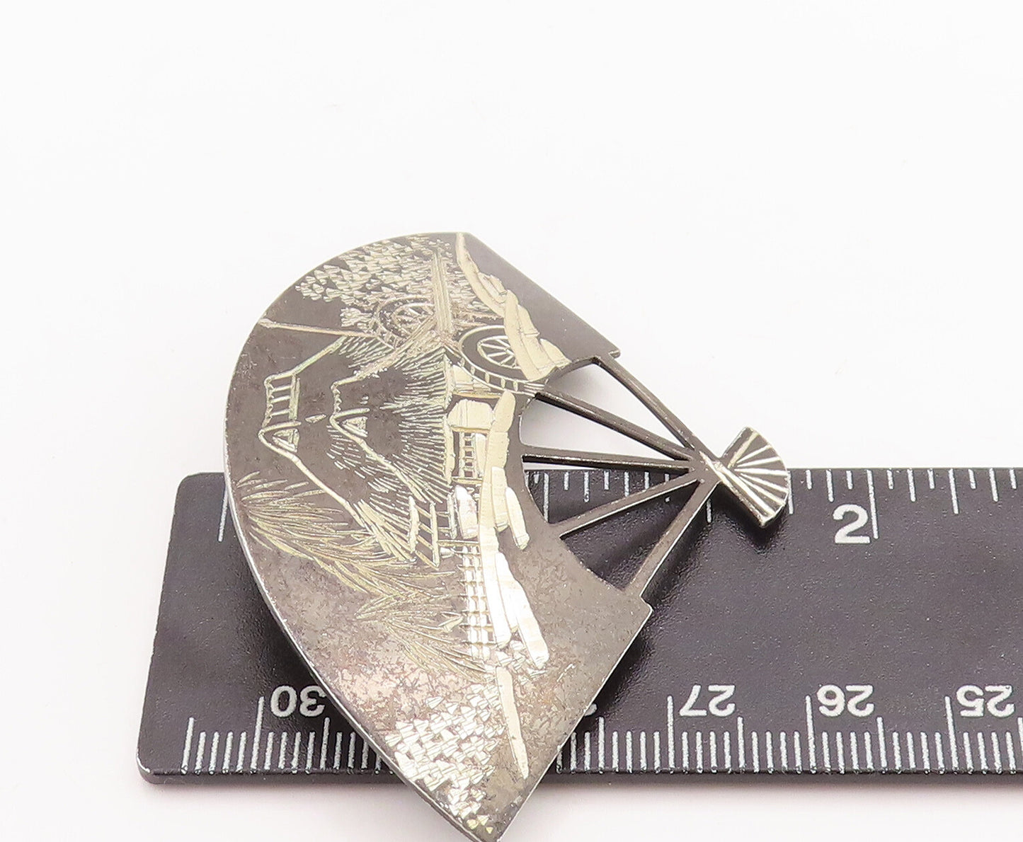 925 Sterling Silver Vintage Brooch Pin 1957 Japan Landscape Etched Fan  BP11090