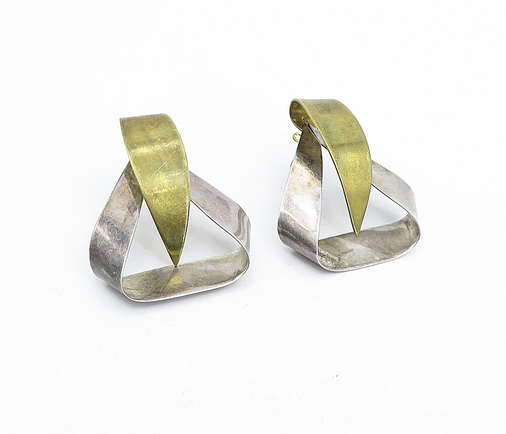 MEXICO 925 Sterling Silver  Vintage Shiny 2 Tone Ribbon Drop Earrings  EG2700