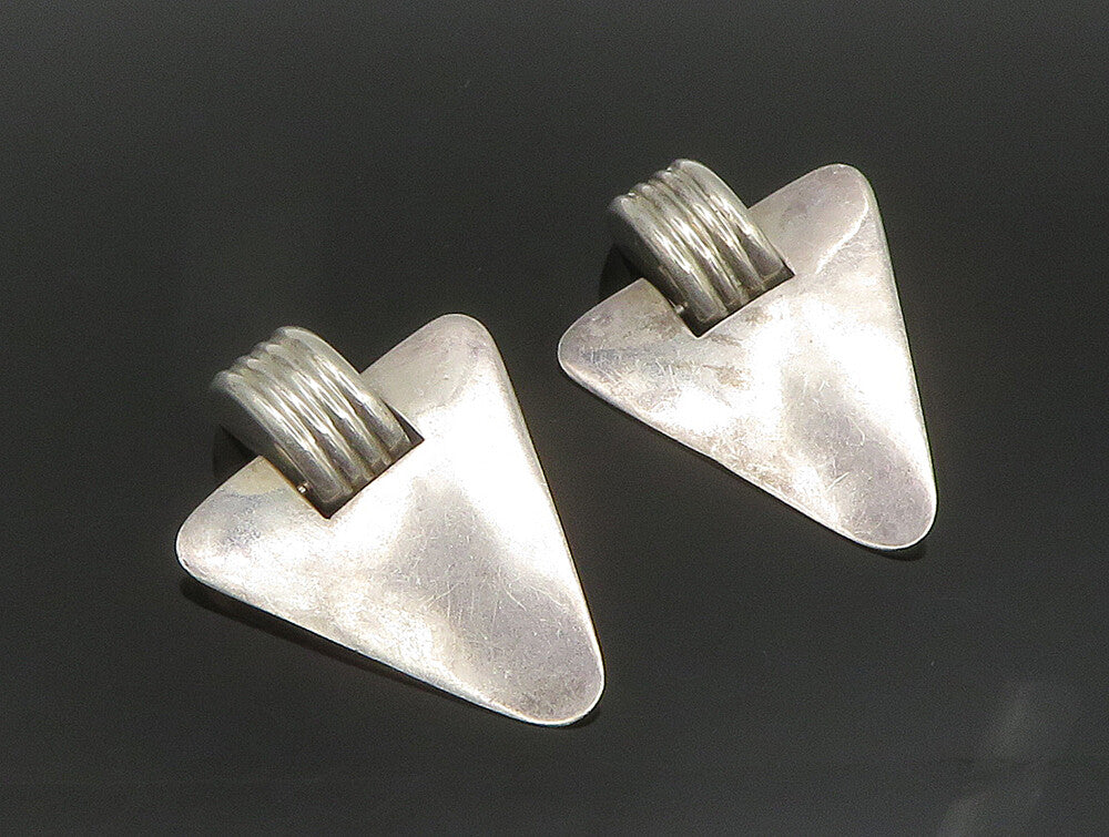 MEXICO 925 Silver  Vintage Heavy Triangle Fluted Non Pierced Earrings  EG11669