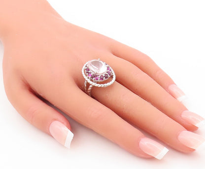 925 Sterling Silver Vintage Ring Designer Cabochon Pink Gemstones  Sz 7  RG29467