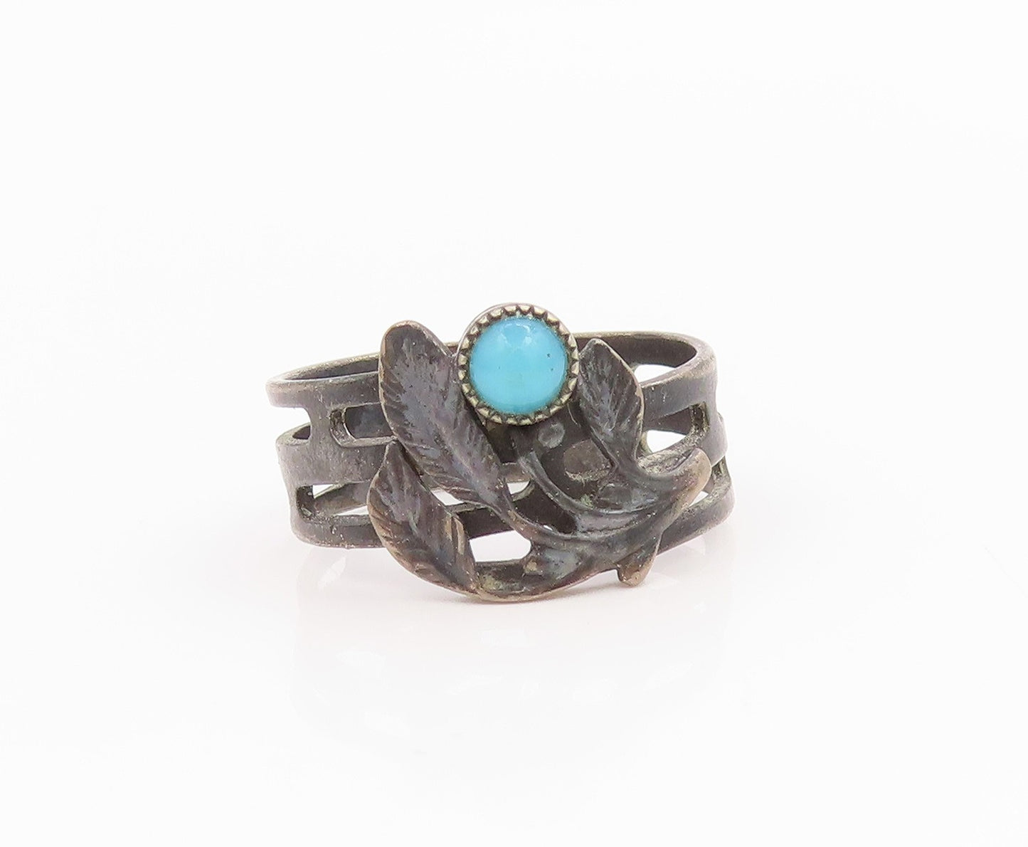 925 Sterling Silver Vintage Ring EAST EUROPE Turquoise Etched Leaf Sz 7 RG35735