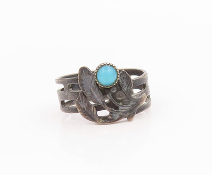 925 Sterling Silver Vintage Ring EAST EUROPE Turquoise Etched Leaf Sz 7 RG35735