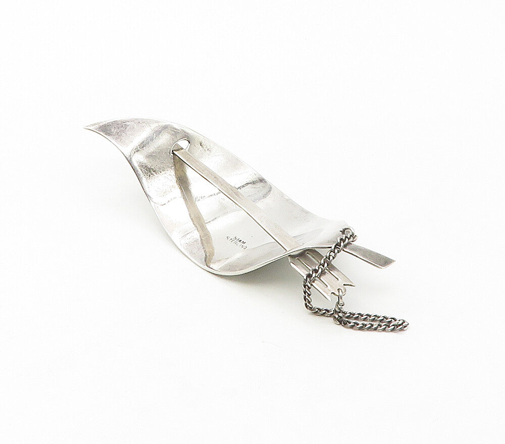 SIAM 925 Sterling Silver  Vintage White Enamel Floral Leaf Chained Pin  TR2305