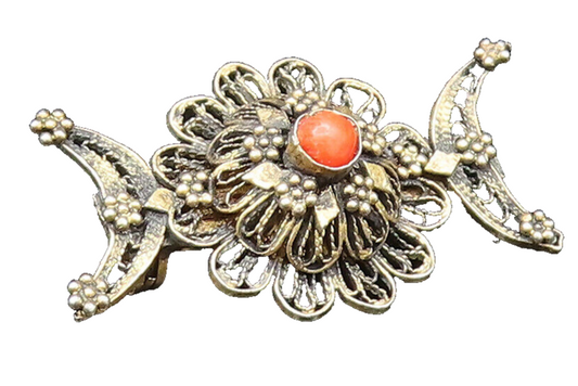 925 Sterling Silver Vintage Beaded Coral Flower Crescent Moon Brooch Pin  BP9643
