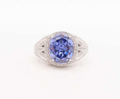 925 Sterling Silver Vintage Ring Carved Round Cut Blue & White CZ  Sz 7  RG29595