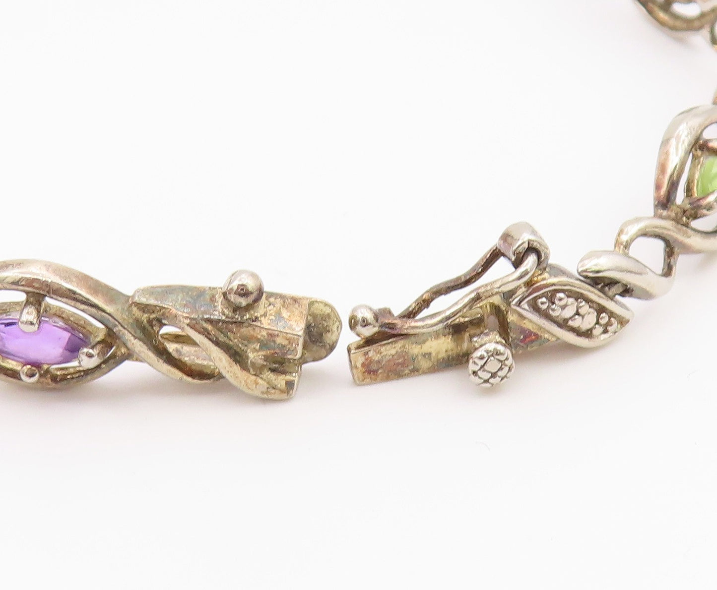 925 Sterling Silver Vintage Genuine Diamond & Multi Stone Chain Bracelet BT8314