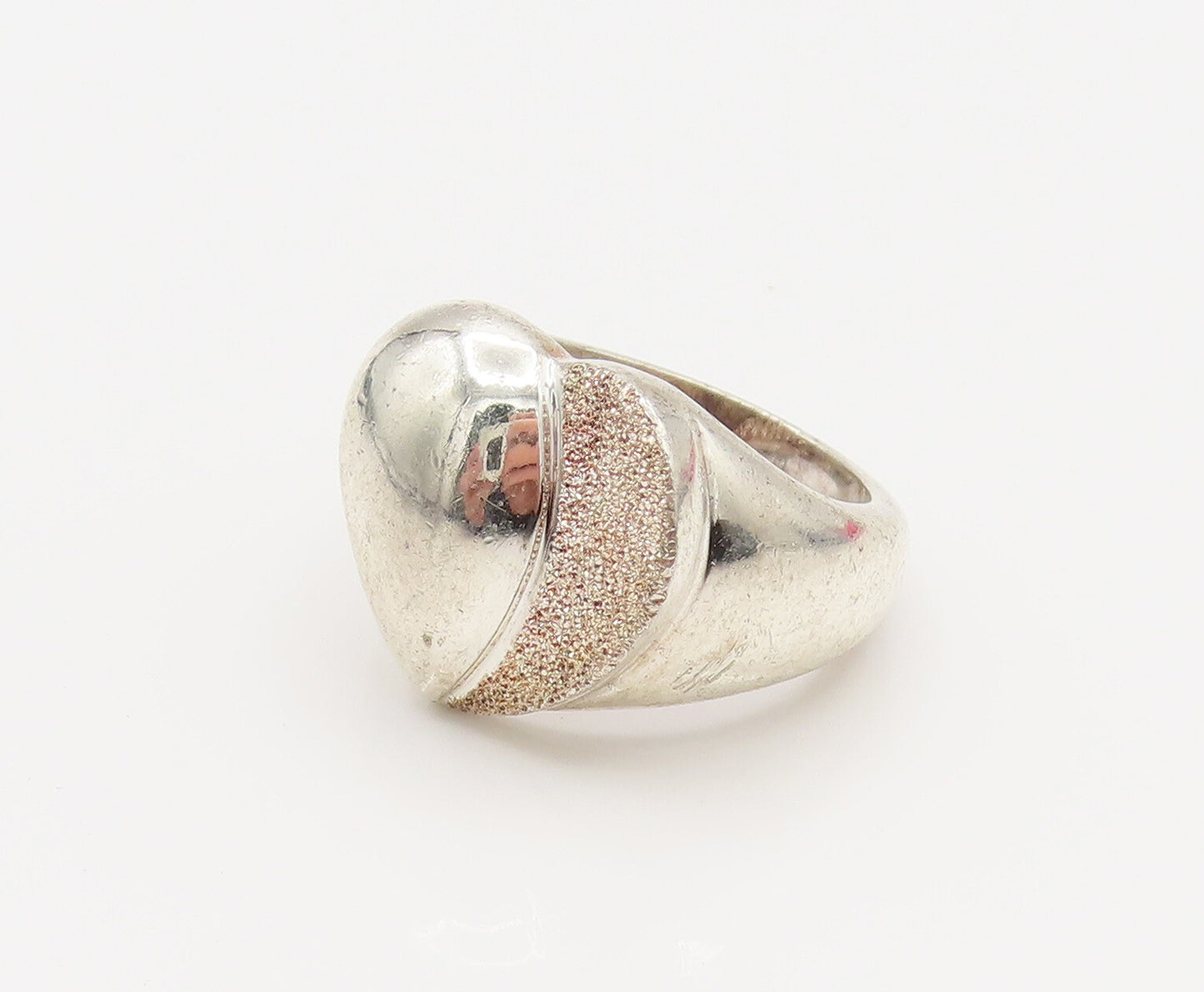 925 Silver  Vintage Half Textured & Half Polished Love Heart Ring Sz 6 RG26220