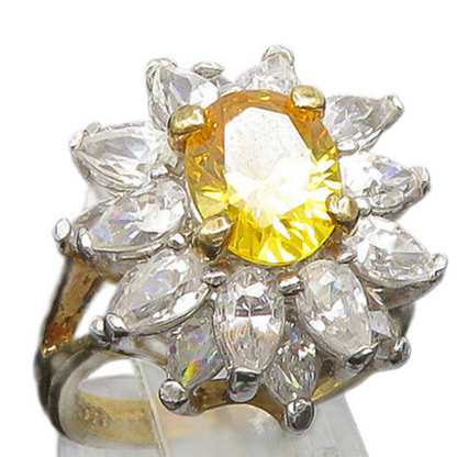 EDCO 925 Silver  Vintage Yellow & White Cubic Zirconia Ring Sz 6.5  RG25353
