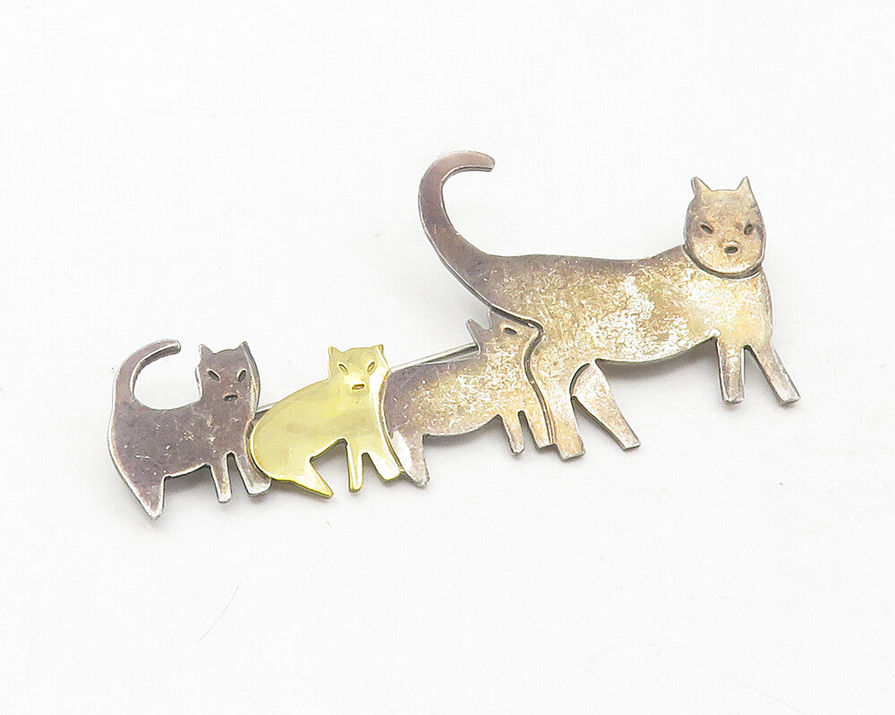 MEXICO 925 Sterling Silver  Vintage 2 Tone Mom & Baby Cats Brooch Pin  BP4440