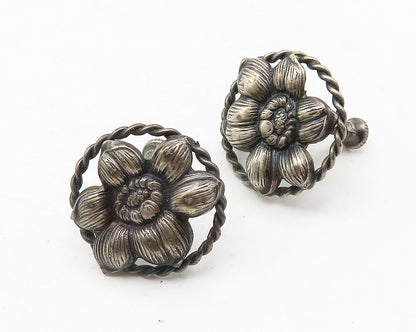925 Sterling Silver  Vintage Oxidized Flower Twist Non Pierce Earrings  EG5803