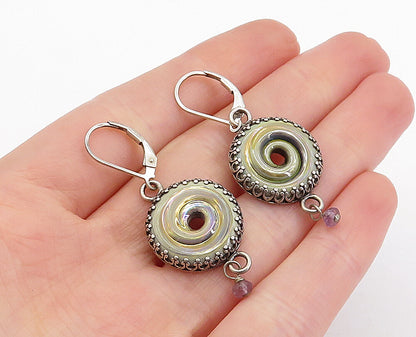 925 Sterling Silver  Vintage Shiny Enamel Coated Spiral Dangle Earrings EG2404