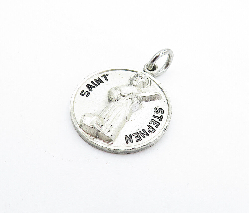 925 Sterling Silver  Vintage Saint Stephen Stamped Round Drop Pendant  PT4207