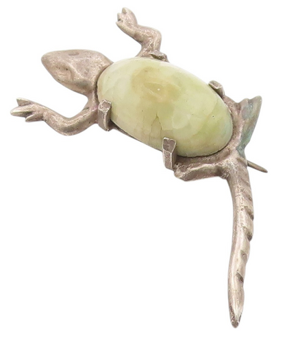 925 Sterling Silver Vintage Brooch MEXICO Cabochon Jade Lizard Reptile  BP11916