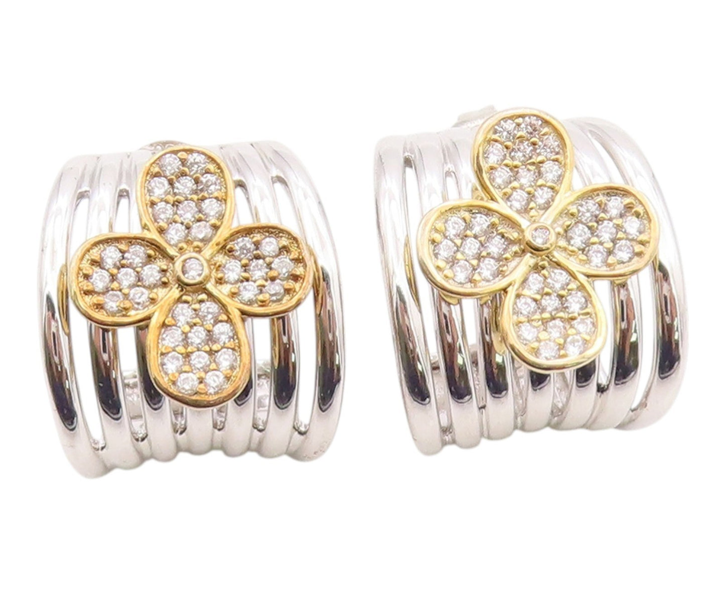 925 Sterling Silver Vintage Earrings Two Tone CZ Clover Cluster J Hoop  EG14370