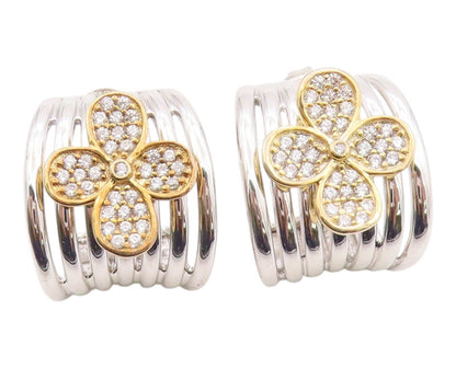 925 Sterling Silver Vintage Earrings Two Tone CZ Clover Cluster J Hoop  EG14370