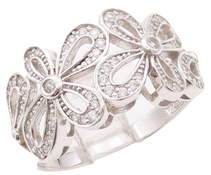 925 Sterling Silver Vintage Ring Solid Cutout CZ Beaded Flowers Sz 10.5  RG28301