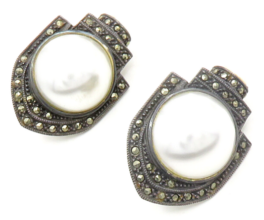 925 Sterling Silver  Vintage Pearl Domes & Marcasite Drop Earrings  EG9578