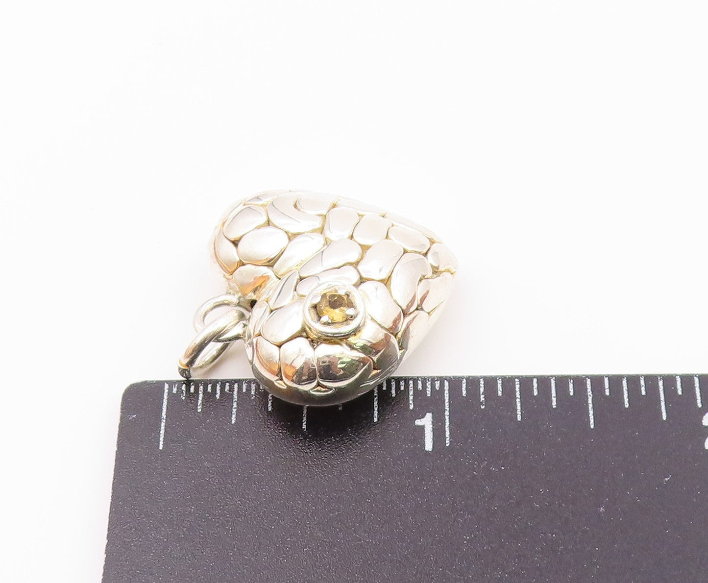 925 Sterling Silver  Citrine Hollow Shiny Cobble Love Heart Pendant  PT12941