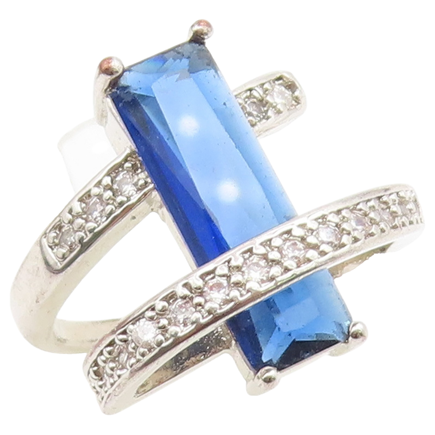925 Sterling Silver Vintage Ring Modernist Sapphire & CZ Wrap  Sz 7  RG36936