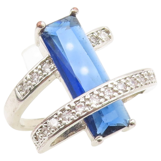 925 Sterling Silver Vintage Ring Modernist Sapphire & CZ Wrap  Sz 7  RG36936