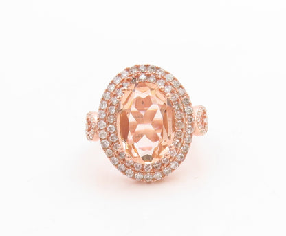 925 Sterling Silver Vintage Ring Gold Plated Oval Morganite & CZ  Sz 7  RG30546