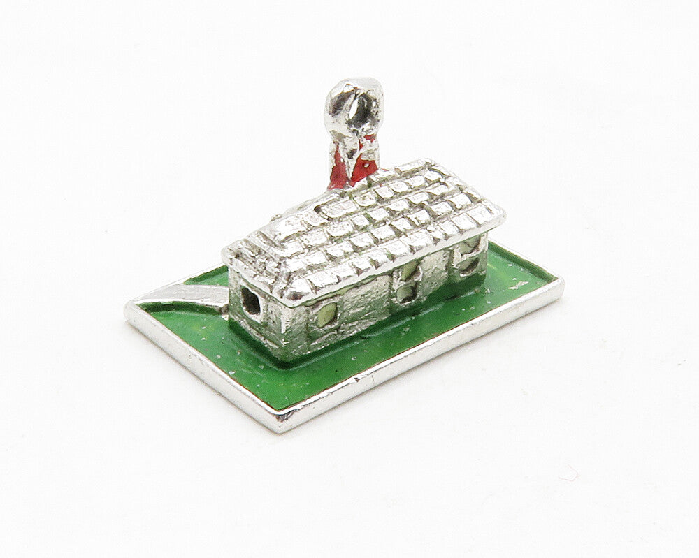 925 Sterling Silver  Vintage Enamel Detail House & Lawn Motif Pendant  PT10045