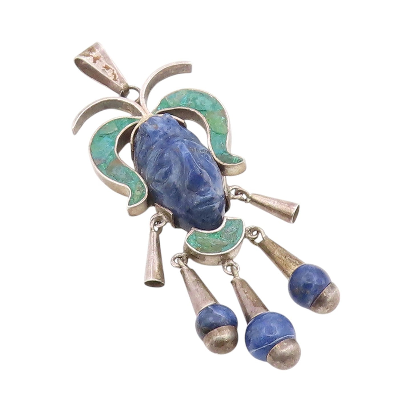 925 Sterling Silver Vintage Pendant MEXICO Turquoise Trible Man Carved  PT24342