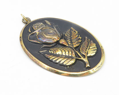 925 Sterling Silver  Vintage Two Tone Rose Flower Oval Drop Pendant  PT9273