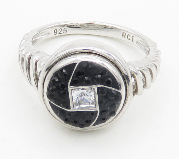 925 Silver   Vintage Black Crystal & Cubic Zirconia Band Ring Sz 7  RG19433