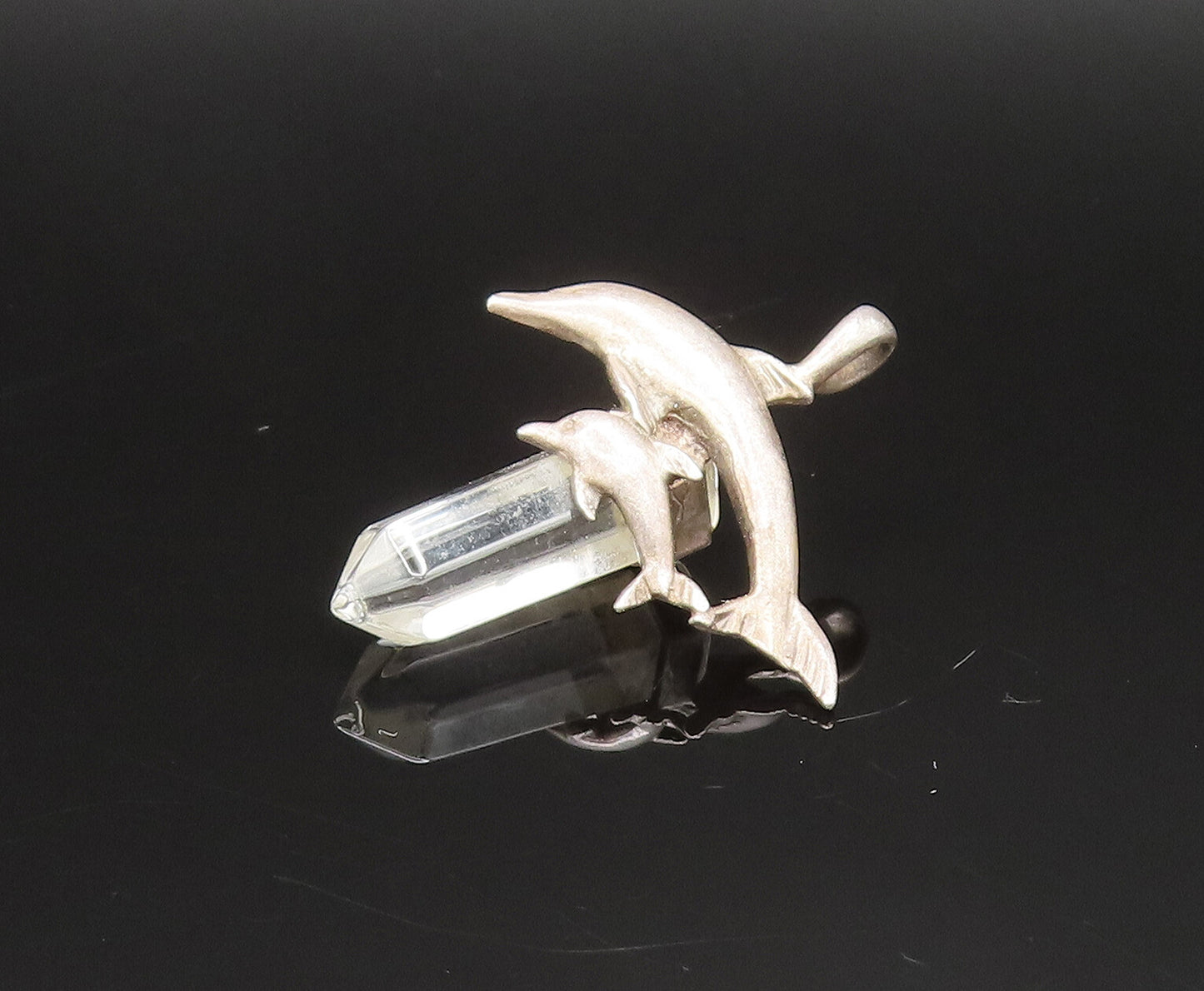 925 Sterling Silver  Vintage Parent & Baby Dolphin Quartz Pendant  PT21003