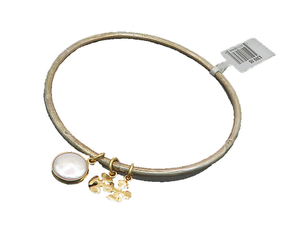 925 Silver & 14K GOLD  Vintage Shiny Pearls & Charms Bangle Bracelet  BT8084