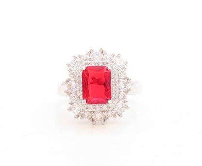 925 Sterling Silver Vintage Ring Rectangle Cut Red Beaded White CZ Sz 7  RG30119