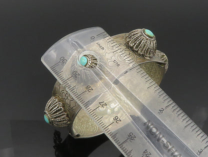 MIDDLE EAST 925 Silver  Vintage Floral Turquoise Etched Bangle Bracelet BT9366