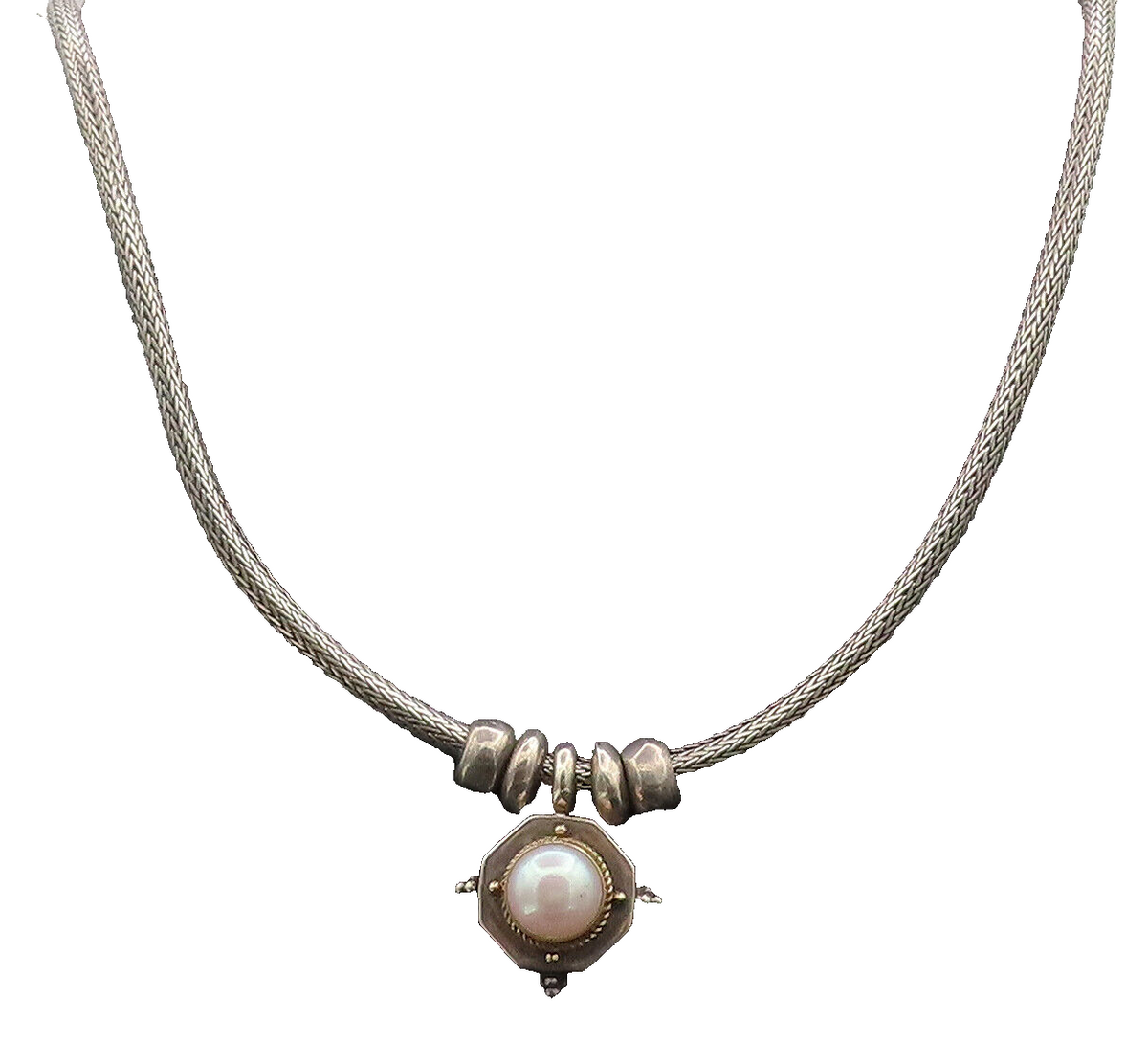 14k GOLD 925 Sterling Silver  Vintage Tribal Design Pearl Necklace  NE4091