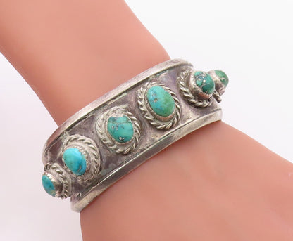 925 Sterling Silver Vintage Bracelet NAVAJO Turquoise Rope Border Cuff  BT12106